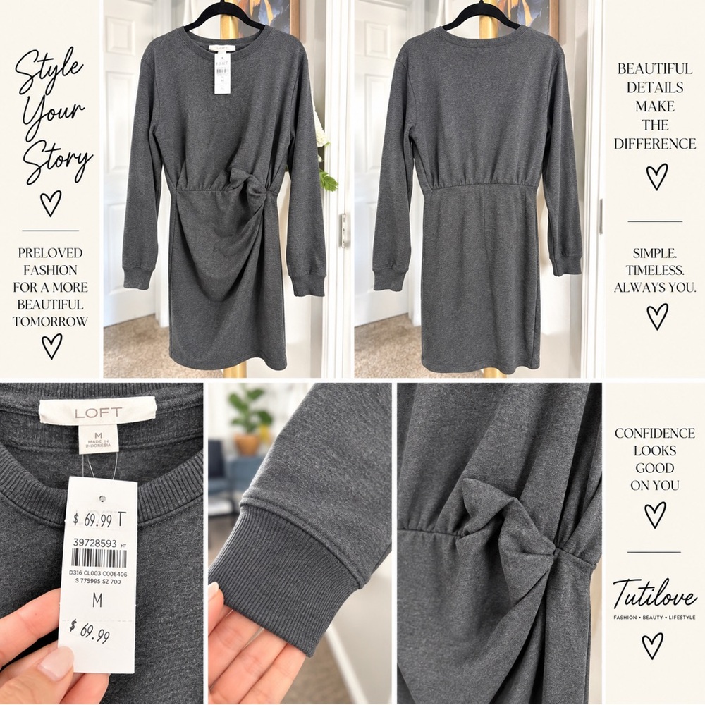 LOFT Charcoal Gray Twist-Waist Long-Sleeve Knit Dress